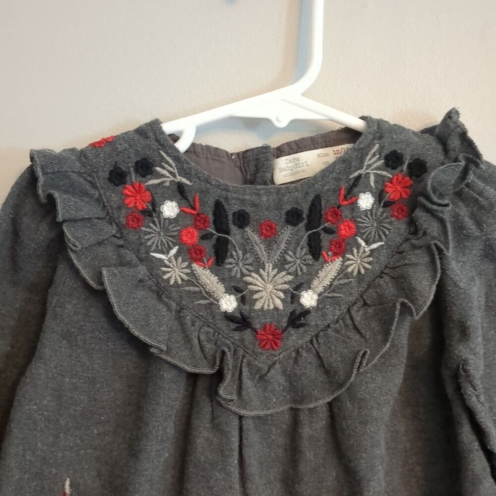Zara Gray Gray Floral Embroidered Long Sleeve Top - Baby Girls 12/18 Months - Picture 2 of 7